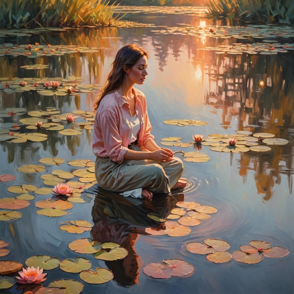 Impressionistic Woman by Lake at Sunset