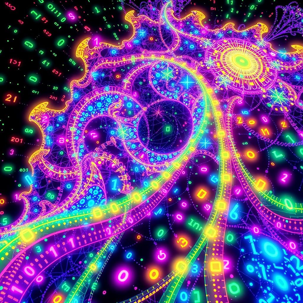 Abstract Neon Binary World in Zentangle Style