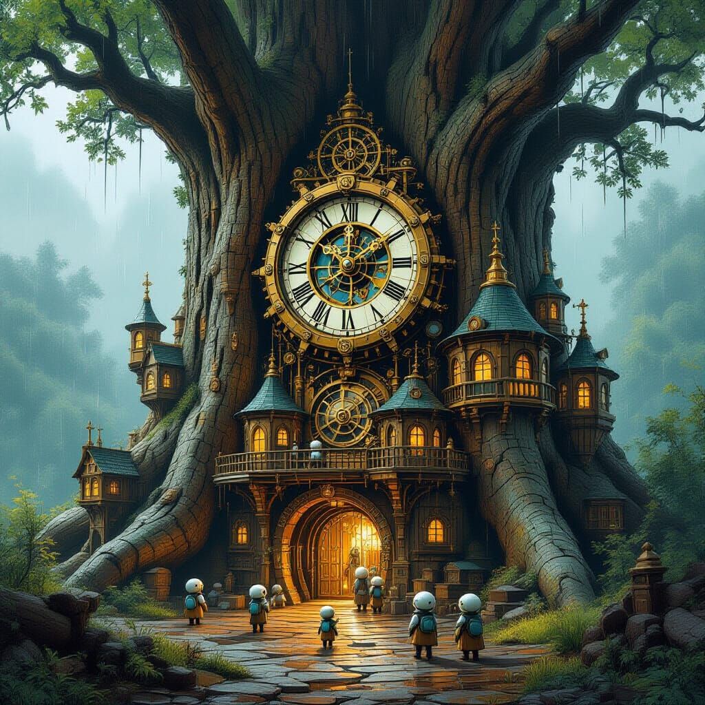 Clockwork City Sheltered Within Giant Hollow Tree