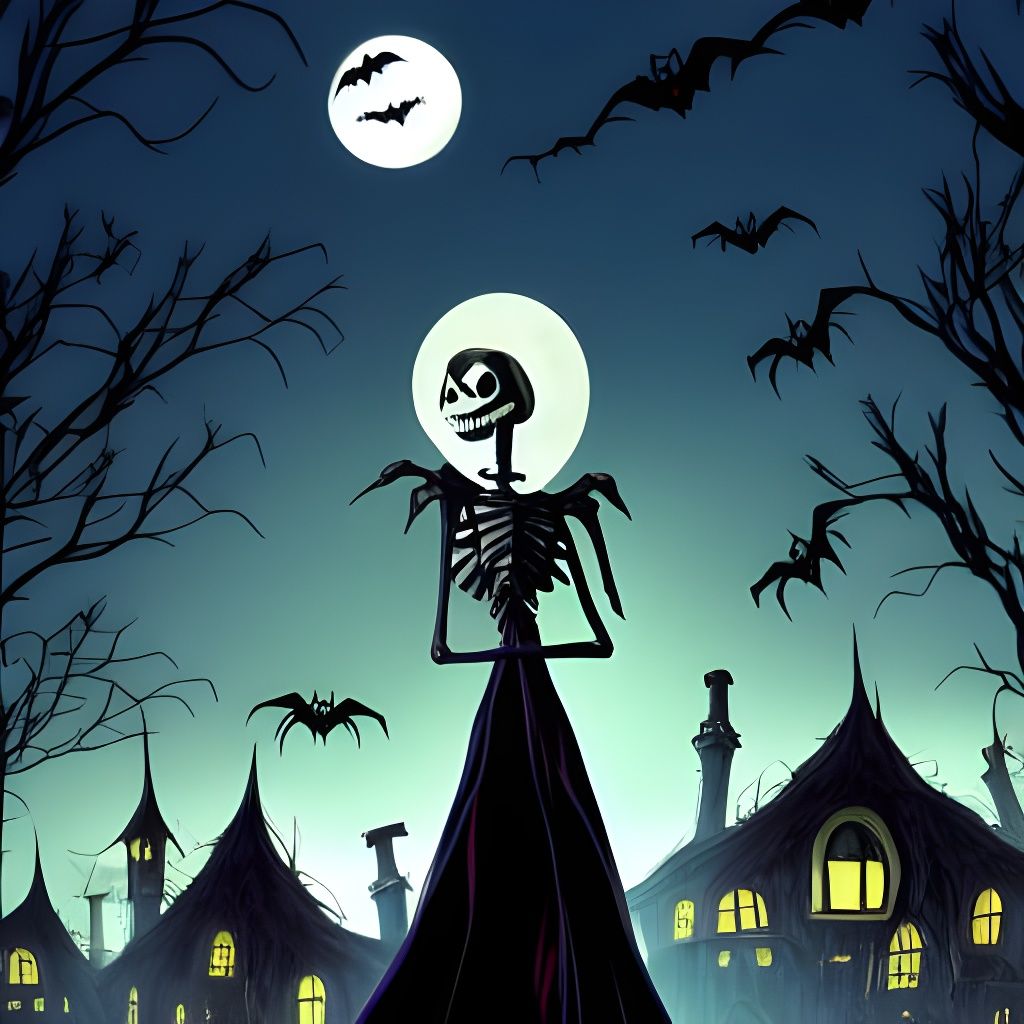 Skeleton Witch in Burton Style, Ghibli-Inspired