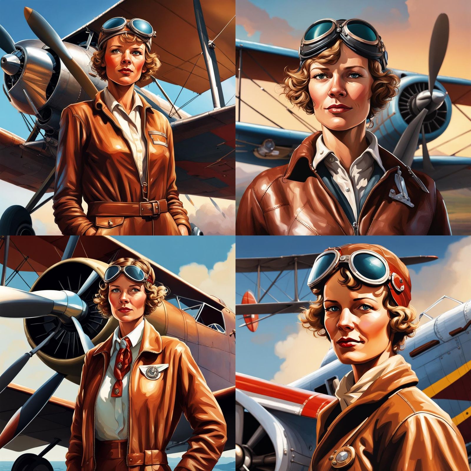 Amelia Earhart standing beside her plane, Hyperrealistic, splash screen, concept art, mid shot, intricately detailed, co...