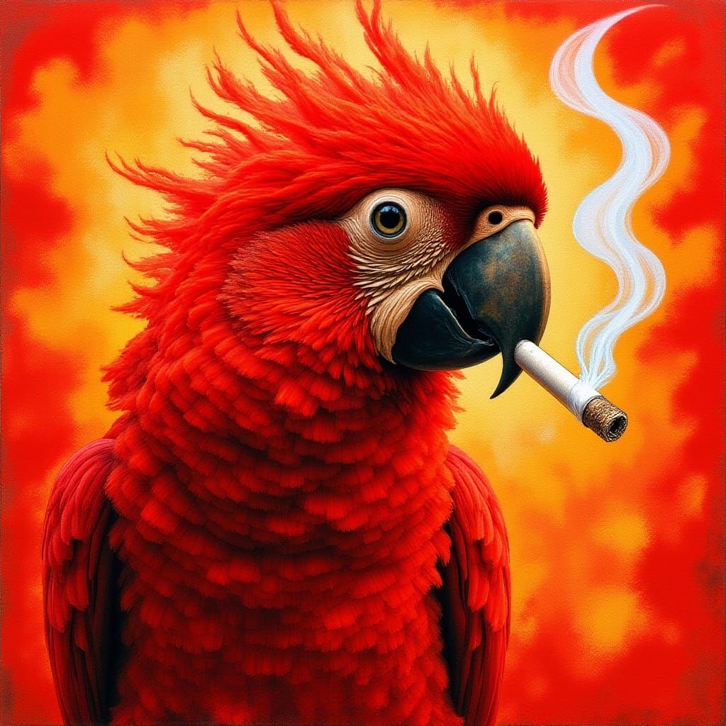 Fire Opal Macaw in Dreamy Monotype Print Style