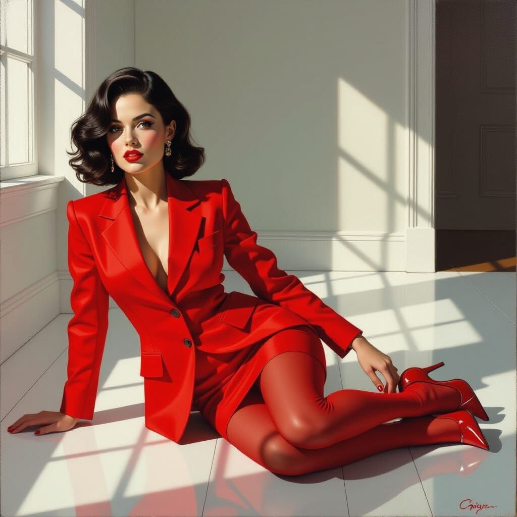 Woman in Red Suit: Oil Painting with Dramatic Lighting