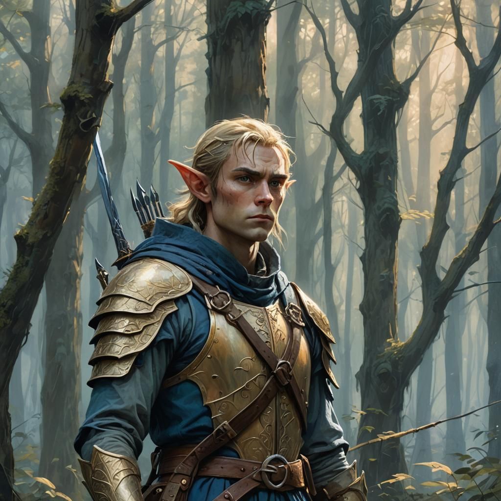 Battle-Ready Elf in Mystical Forest: Fantasy Art