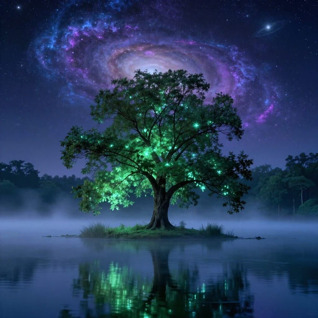 Ancient Bioluminescent Tree Reflected in Galactic Lake