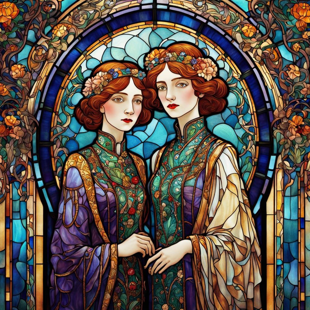 Elegant Art Nouveau Stained Glass Masterpiece