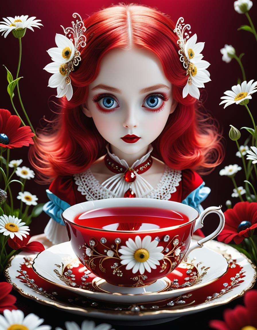 Crimson Alice in Wonderland with Teacup