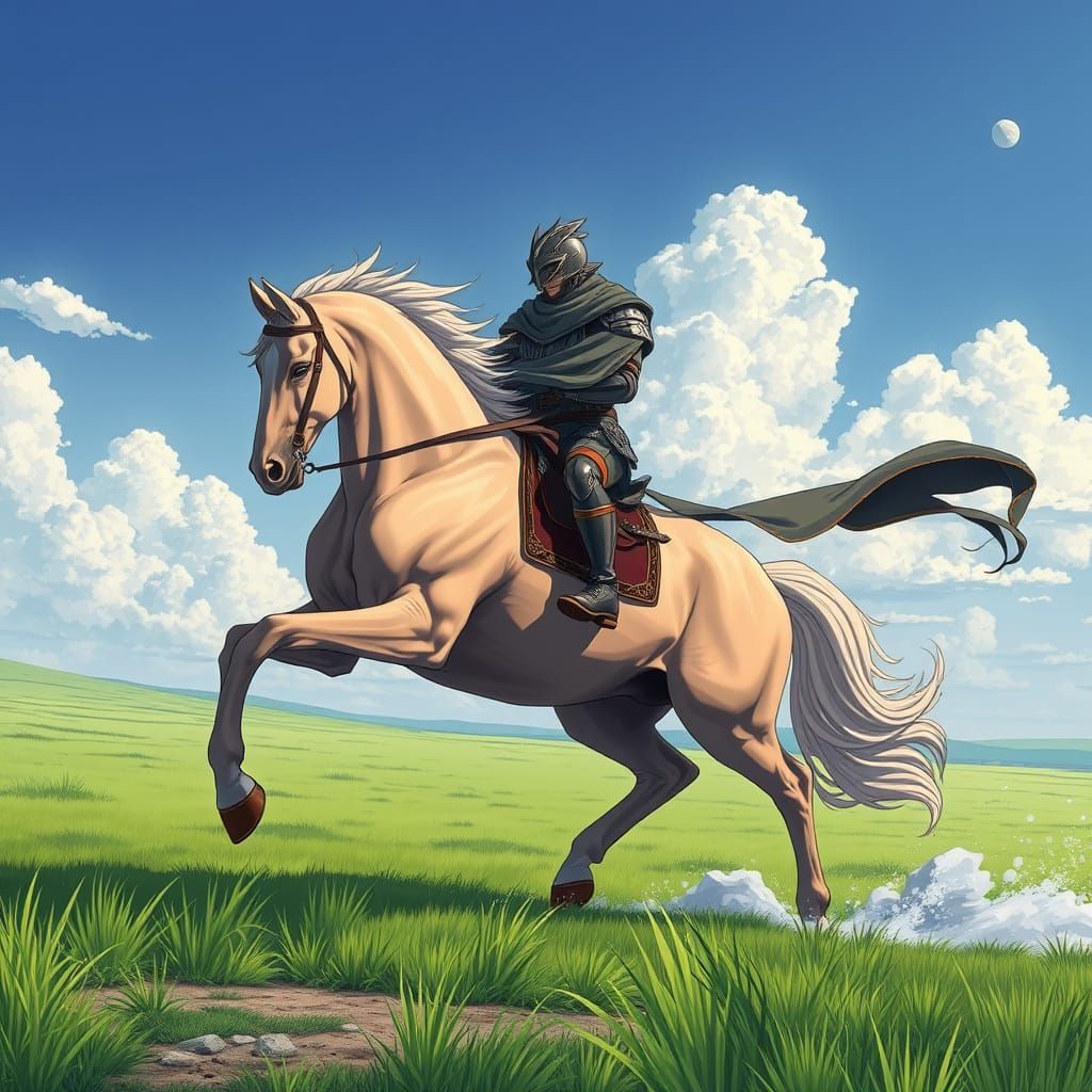 Majestic Horse and Rider in Anime-Style Gallop