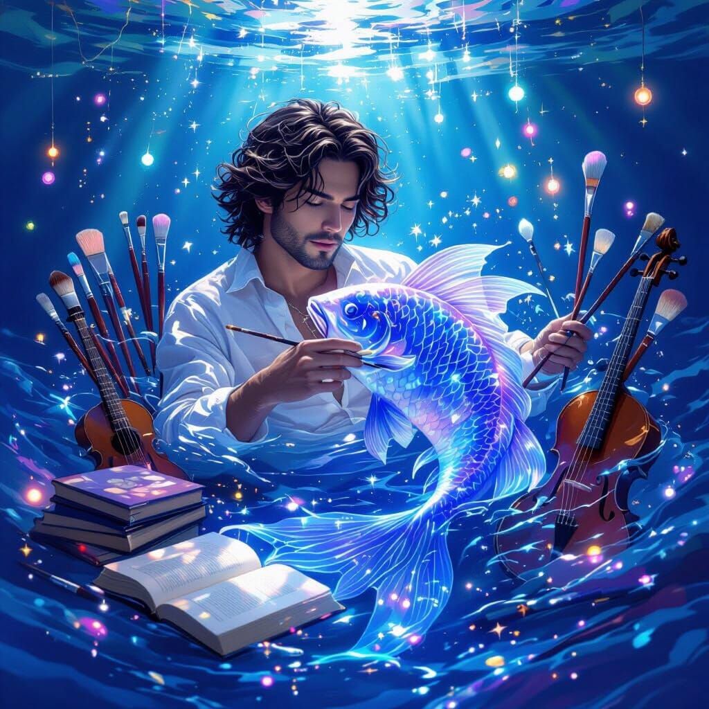 Astral Pisces Surrounded by Creative Tools in Dreamy Light