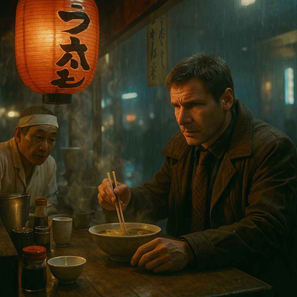 Deckard in a Neon-Lit Ramen Shop