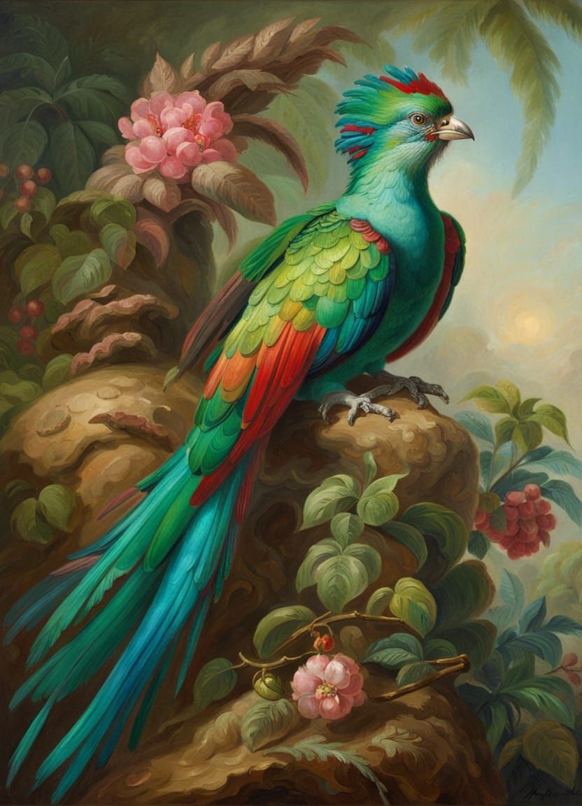 Quetzal in Rococo Style Gouache Painting