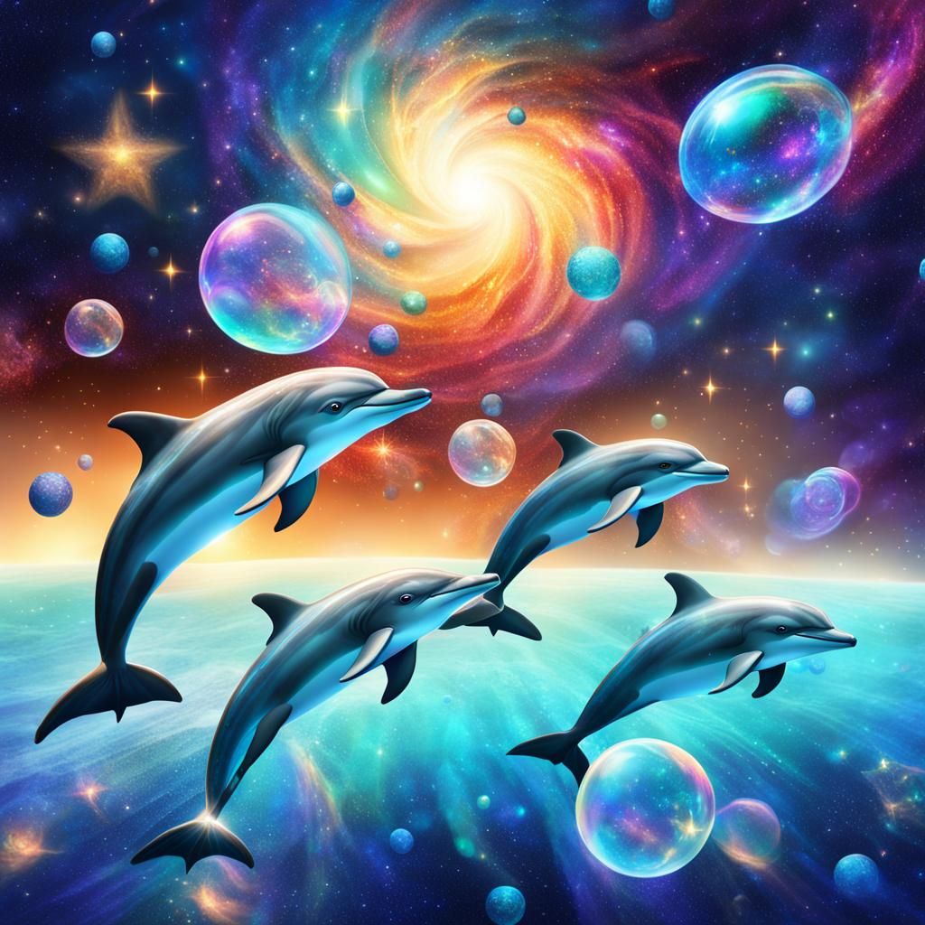 Cosmic Dolphins Swimming in Space, Astral Illustration