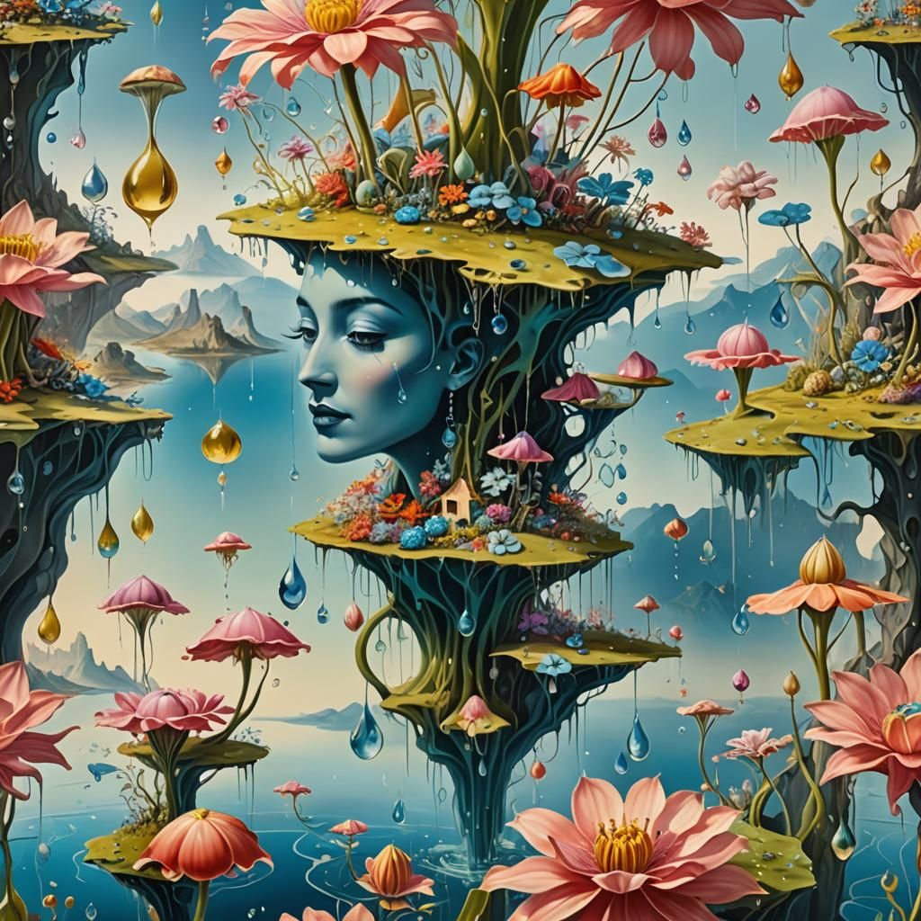 Dewdrops on fantasy flowers in a surreal whimsical world
