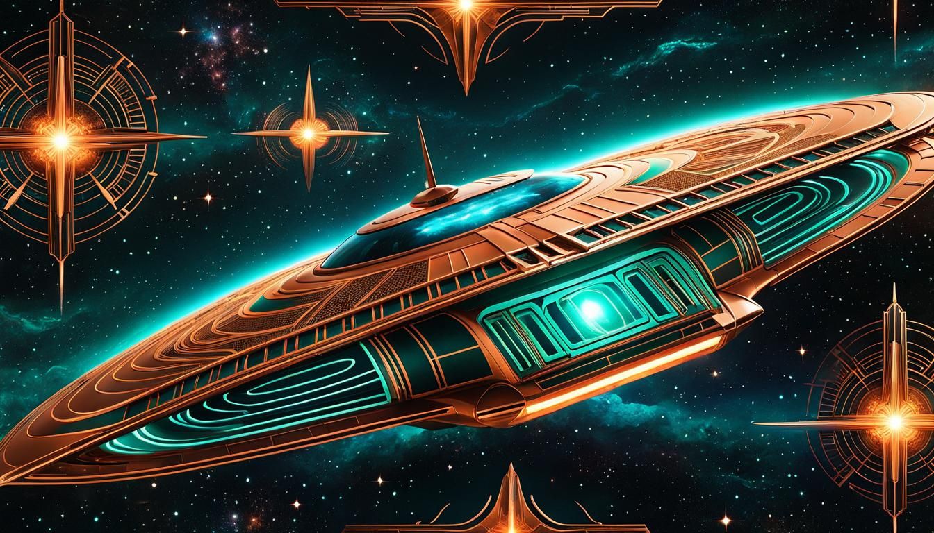 Spaceship Flying Through Deep Space in Art Deco Style