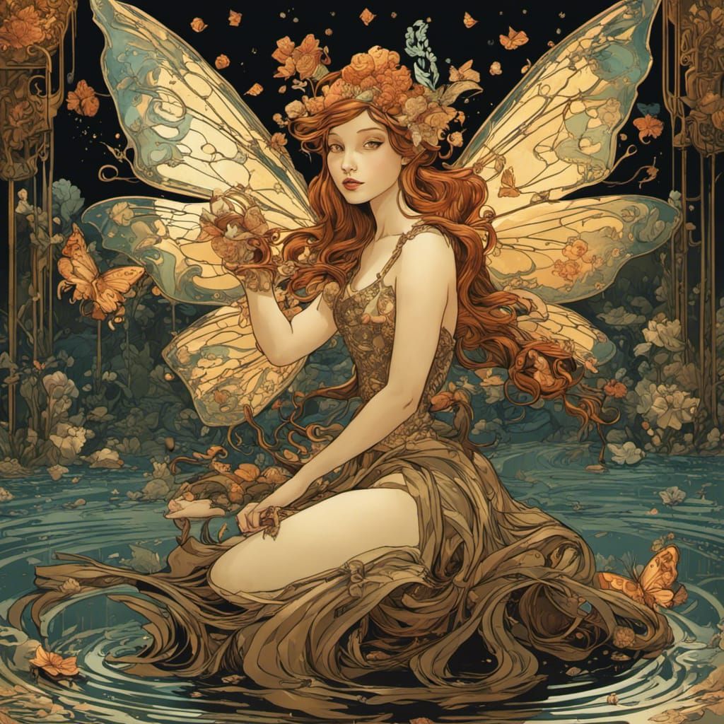 Fairy Princess and Mirrored Reflection in Art Nouveau Style
