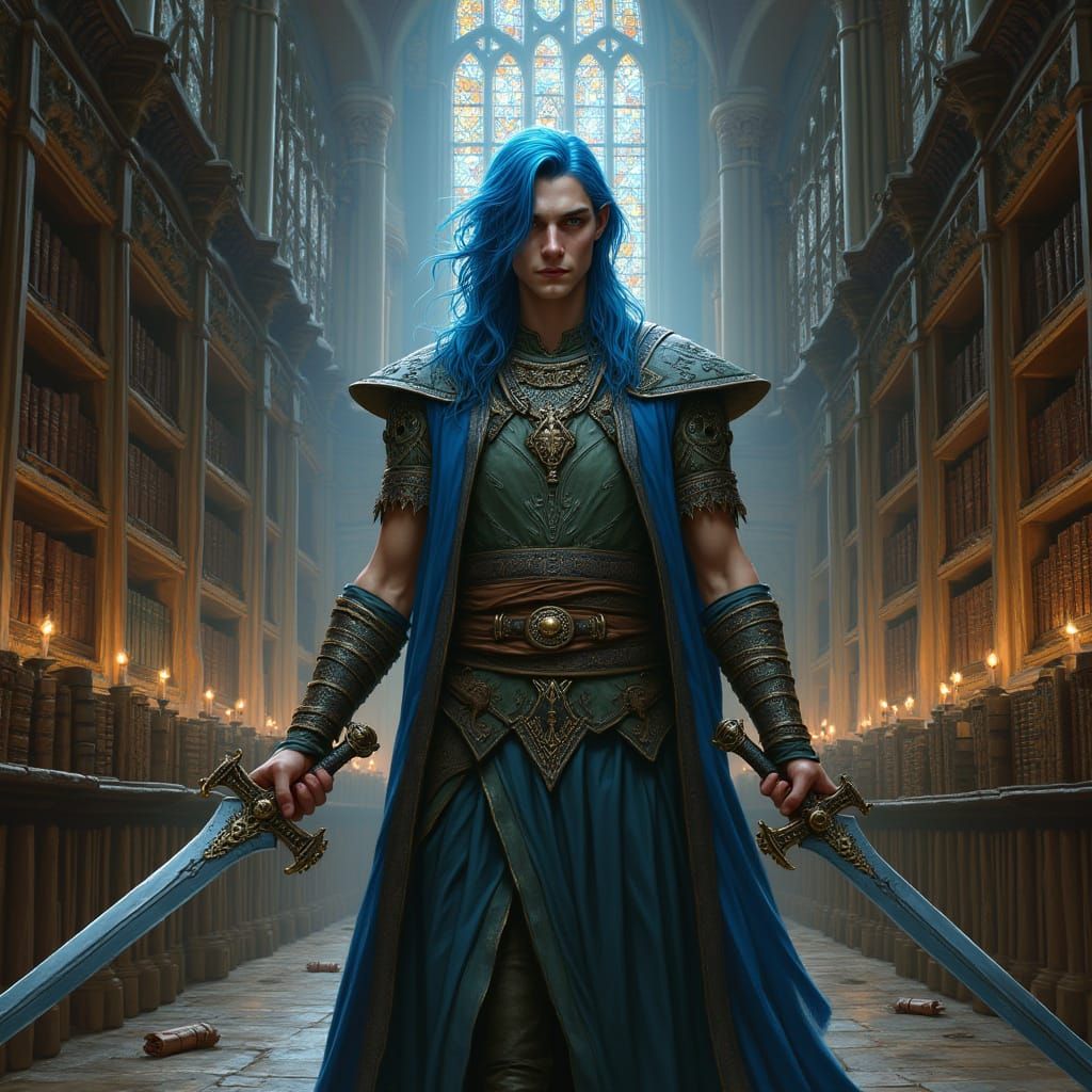 Elegant High Elf Warrior in Cathedral Library, Inspired by F...