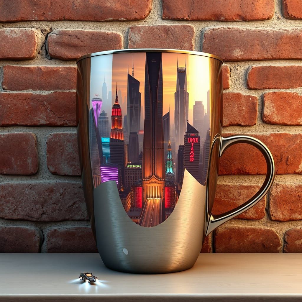 Industrial Futuristic Cup in Brushed Steel with Cityscape