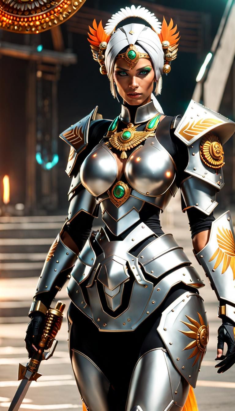 Aztec Warrior Woman in Cyberpunk Servo-Armor