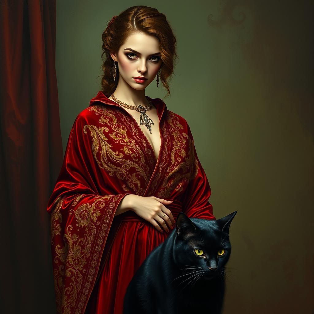 Woman in Red Robe with Black Cat, Dark Suspense