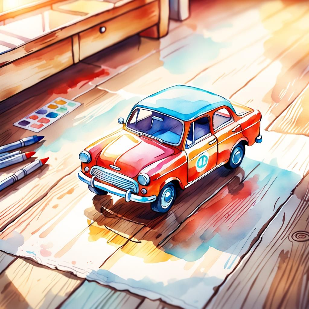 Watercolor Toy Car Illustration with Pen Contours