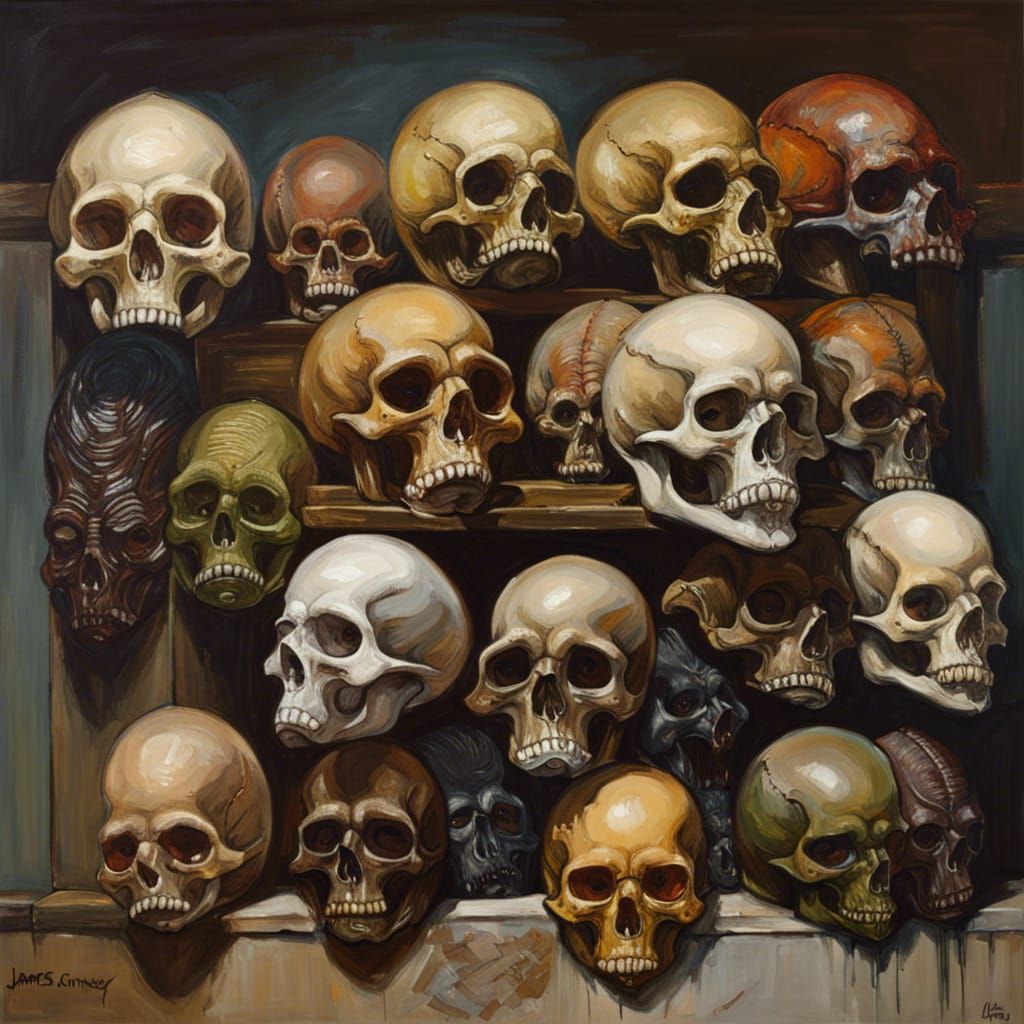 Alien Skulls Trophy Wall in Oil Painting Style