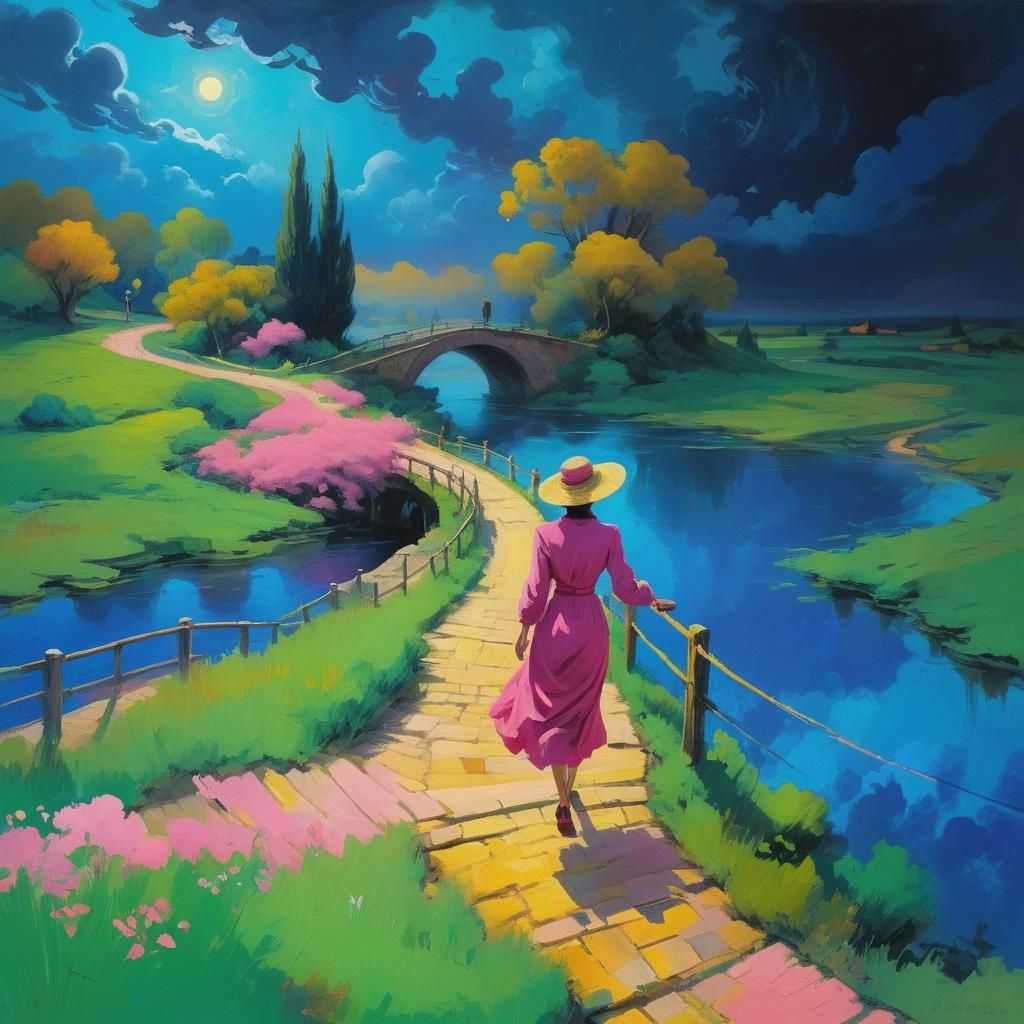 Dreamy Landscape with Bridge in Expressionist Style