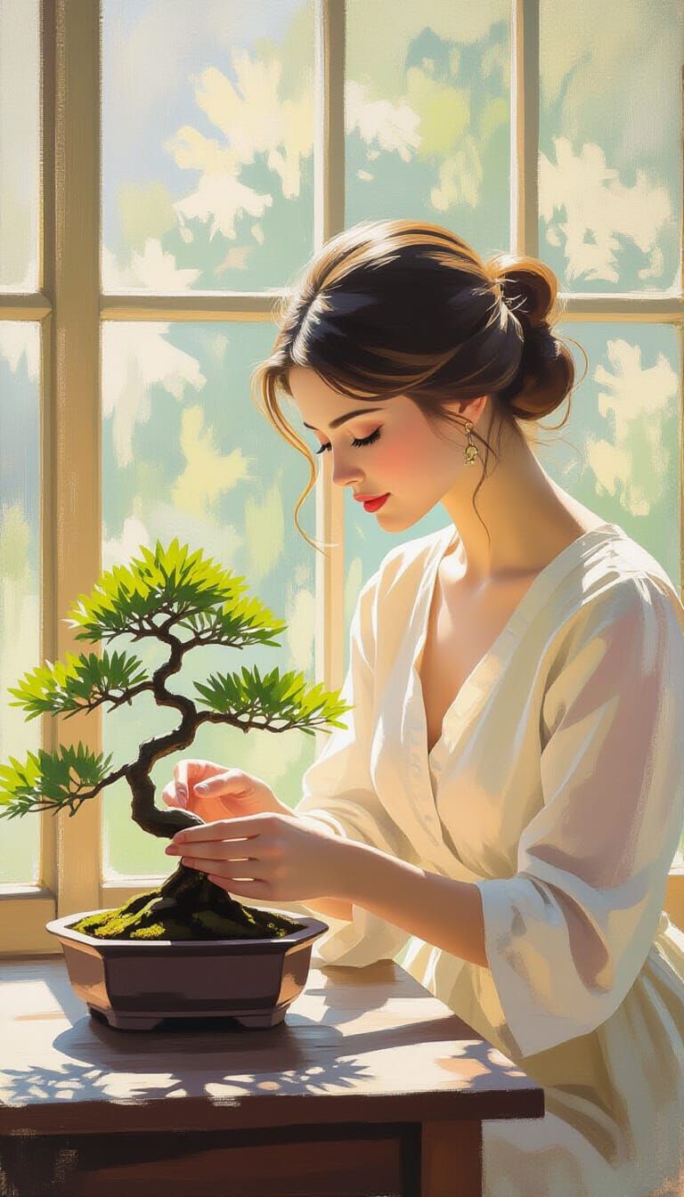 Woman Tends Bonsai Tree in Sunlit Room, Impressionist Style