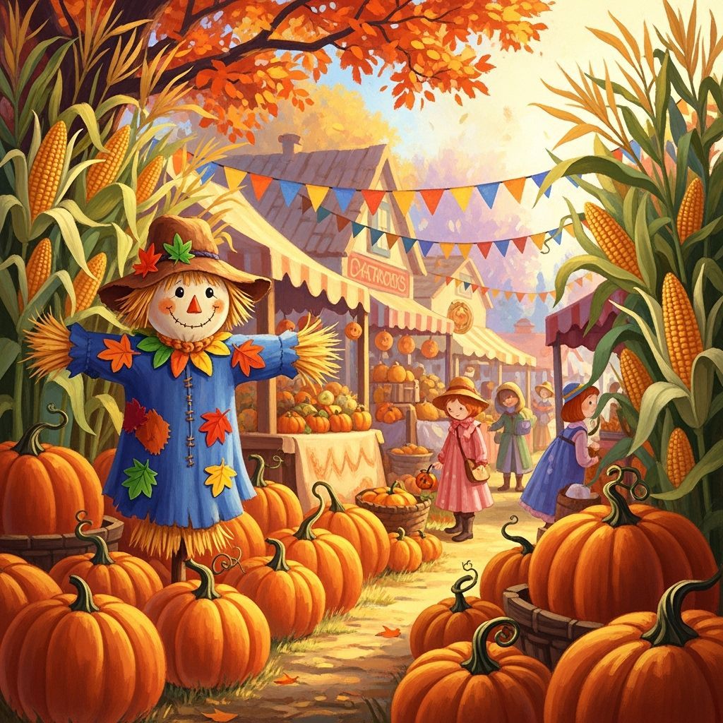 Vibrant Harvest Festival With Friendly Scarecrow and Pumpkin...