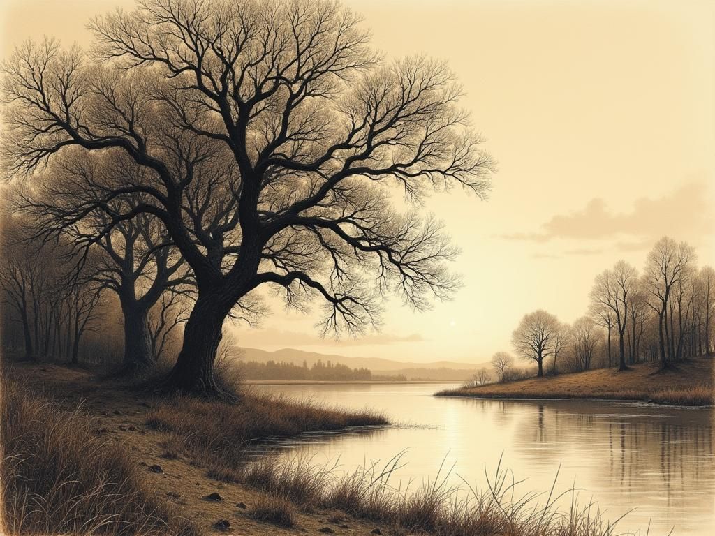 Lake Landscape with Oak Trees: Ink Drawing