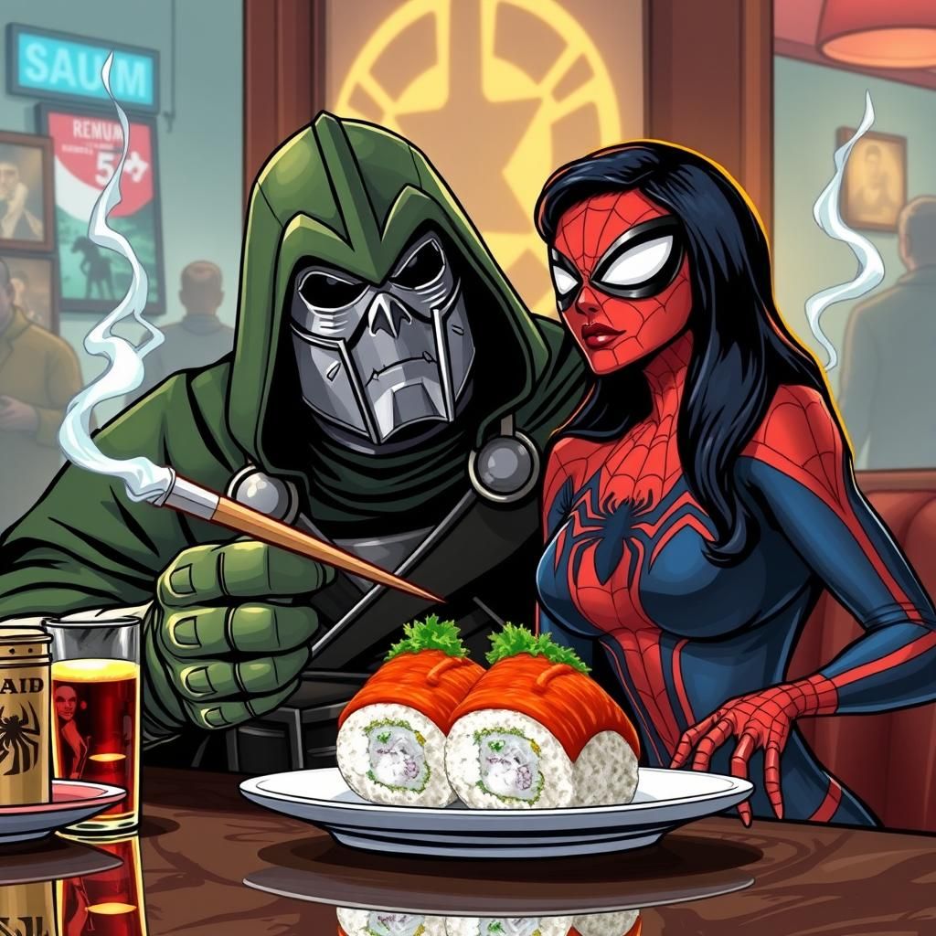 Dr. Doom and Spider-Woman Eating Sushi