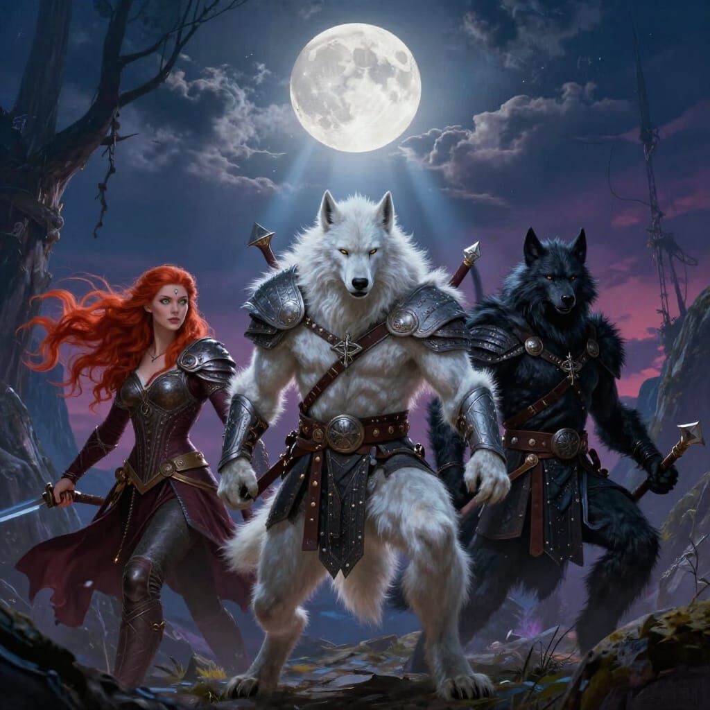 Werewolf Vikings and Elven Warrior Under Full Moon