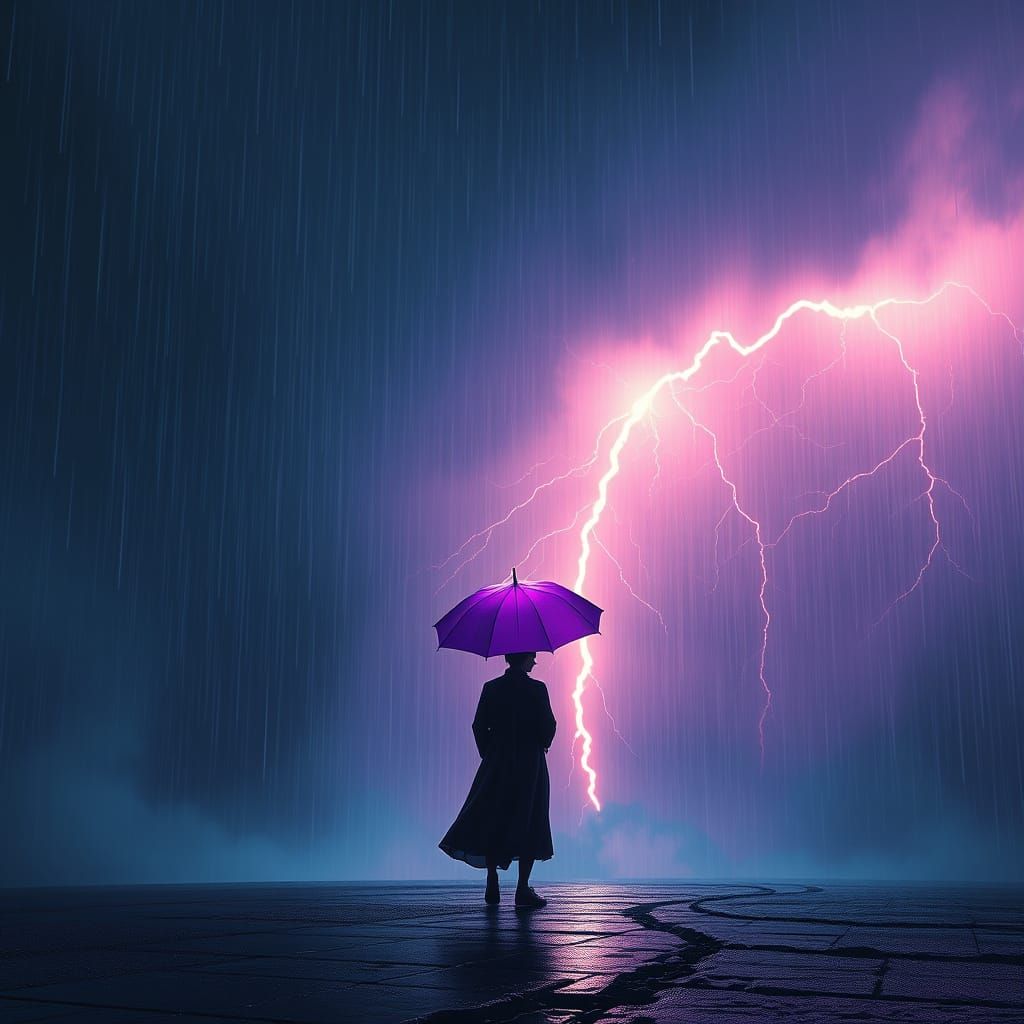 Fantasy Figure Under Vibrant Purple Umbrella in a Severe Thu...