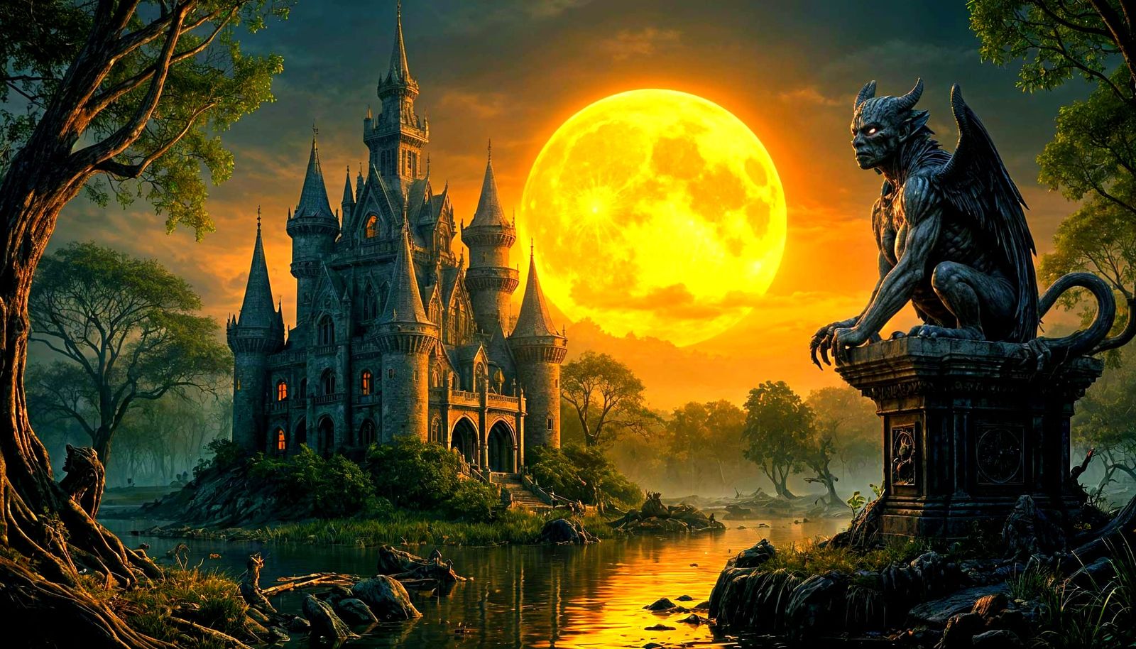 Creepy Gargoyle Gardens of Dilapidated Stone Castle