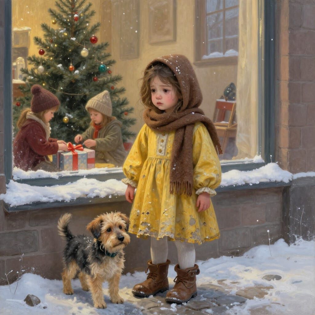 Sad Girl Gazes at Christmas Joy in Winter Street