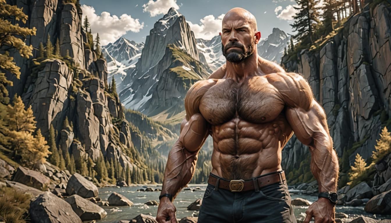 Muscular Bald Hero with Hairy Chest in Landscape