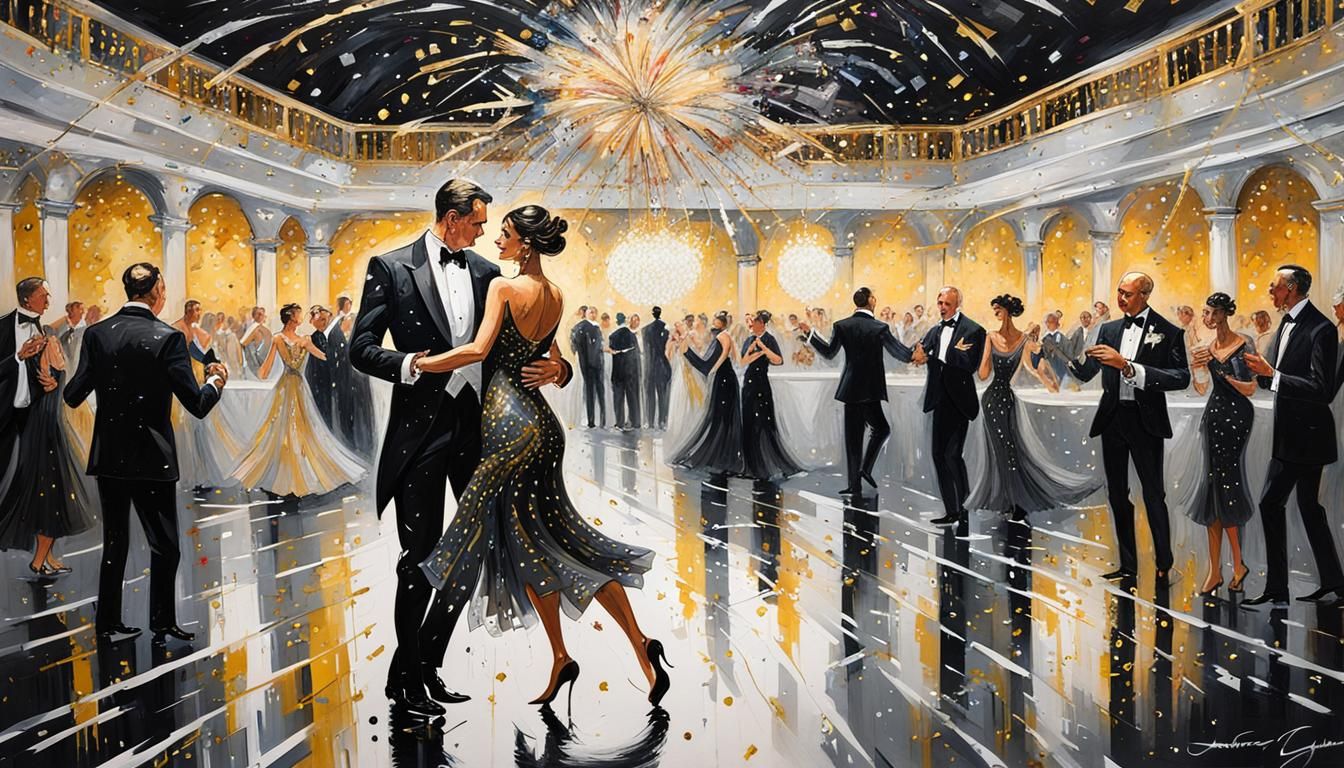 Elegant Couple Dancing at New Year's Ball in Ink Art Style