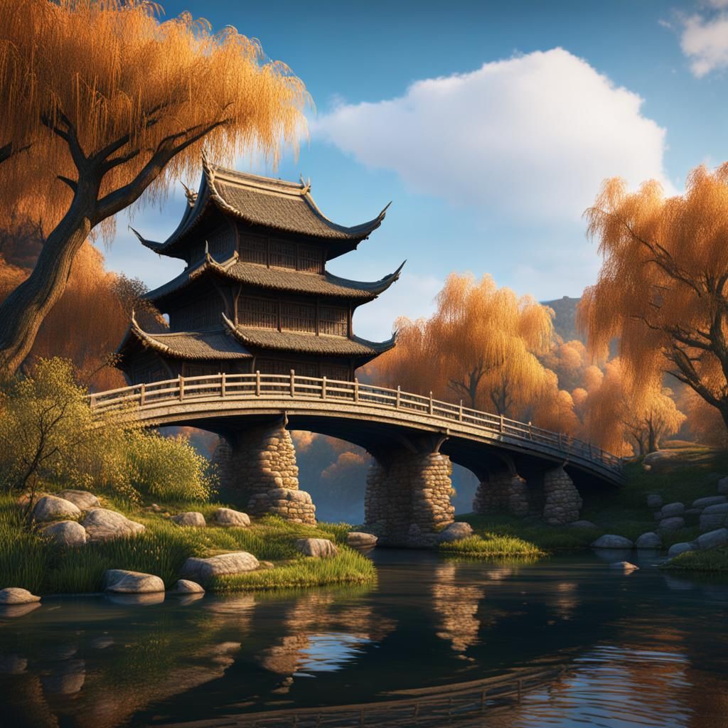 Oriental Building with Willow Tree, Digital Matte Painting