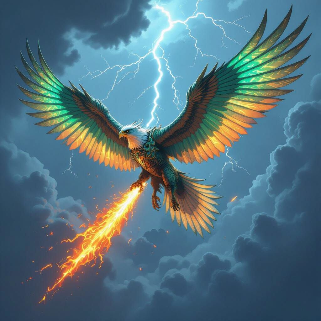 Eagle-Dragon Hybrid Soaring Above Storm, Digital Art