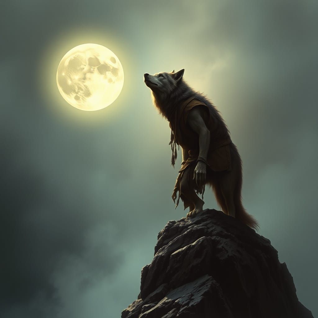 Werewolf Howling at Moon in Ethereal Landscape