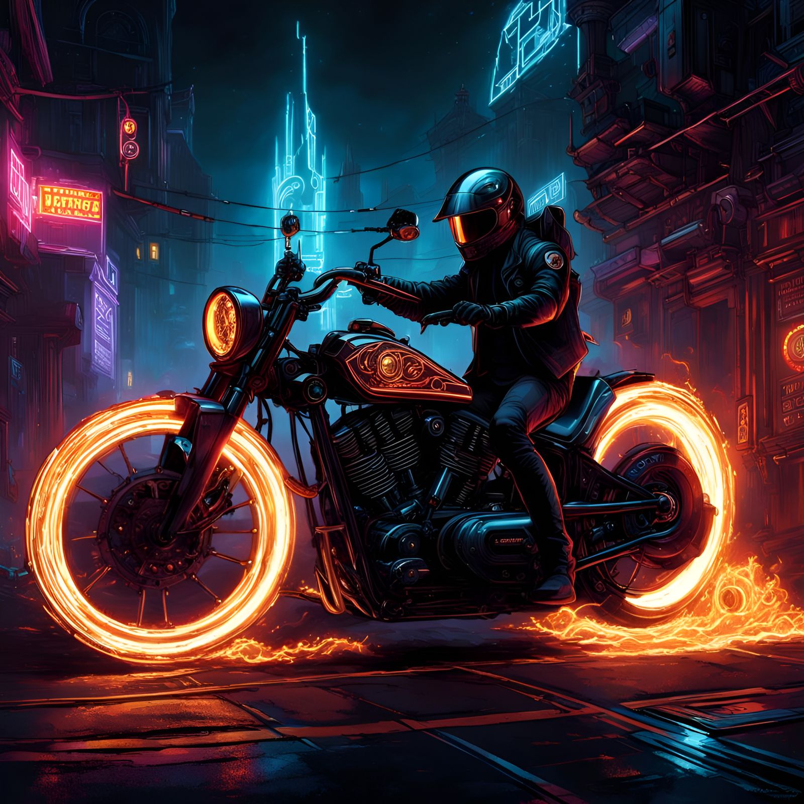 Aetherpunk Motorcycle of Fire in Cyberpunk Style