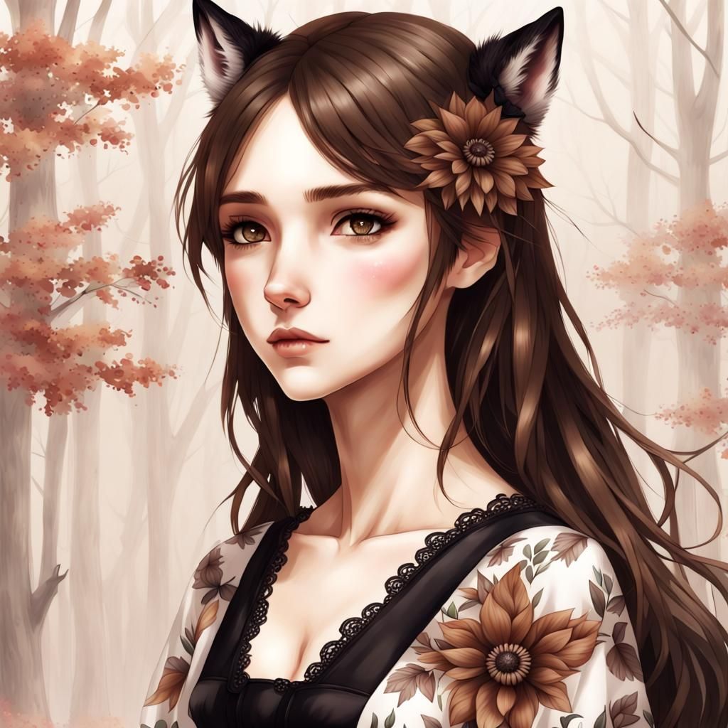 Beautiful Wolf Girl in Flower Dress