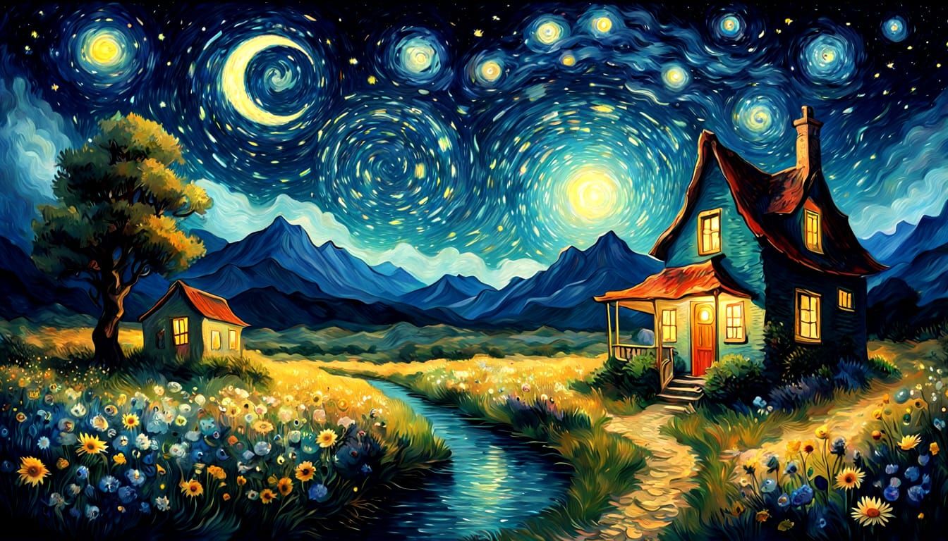 Star Portal in Night Sky, Digital Watercolor Illustration