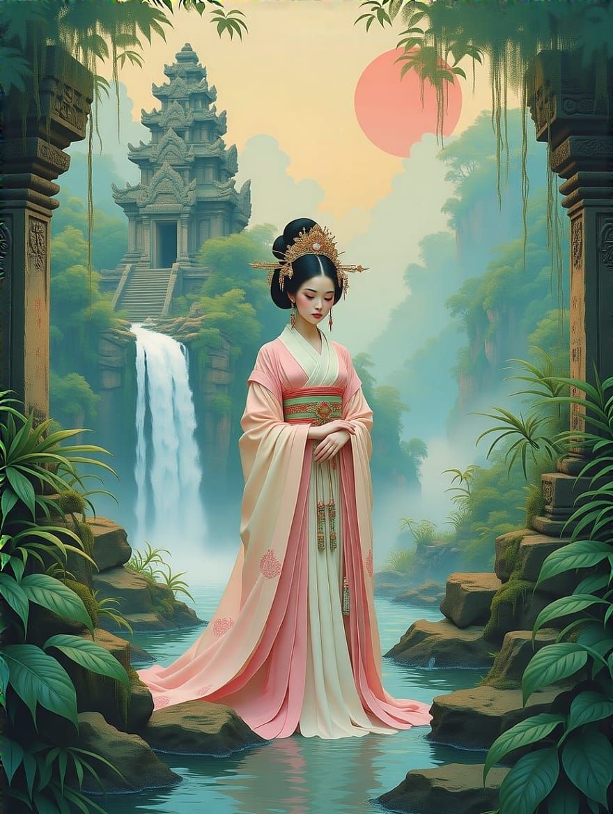 Asian Princess in Lush Jungle Setting with Waterfall and Tem...