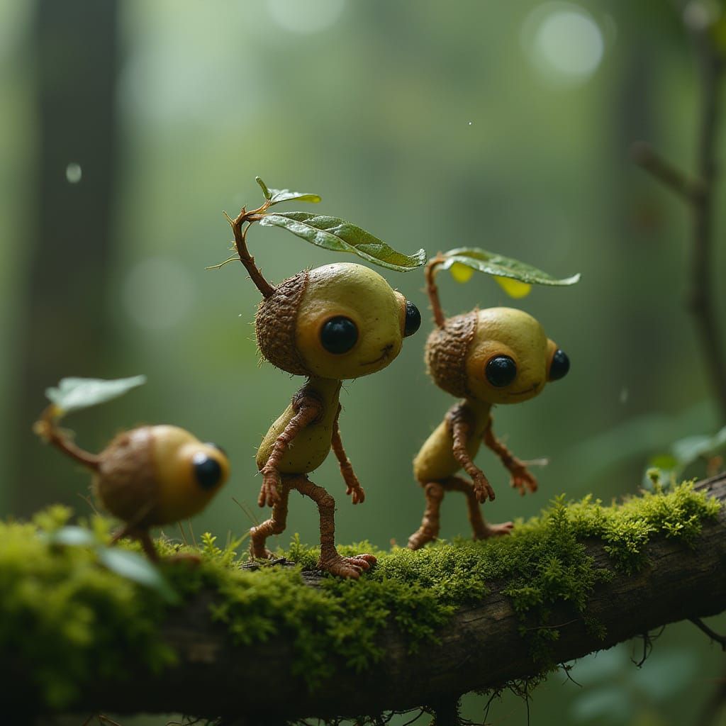 Whimsical Alien Acorn Folk in Rainy Forest