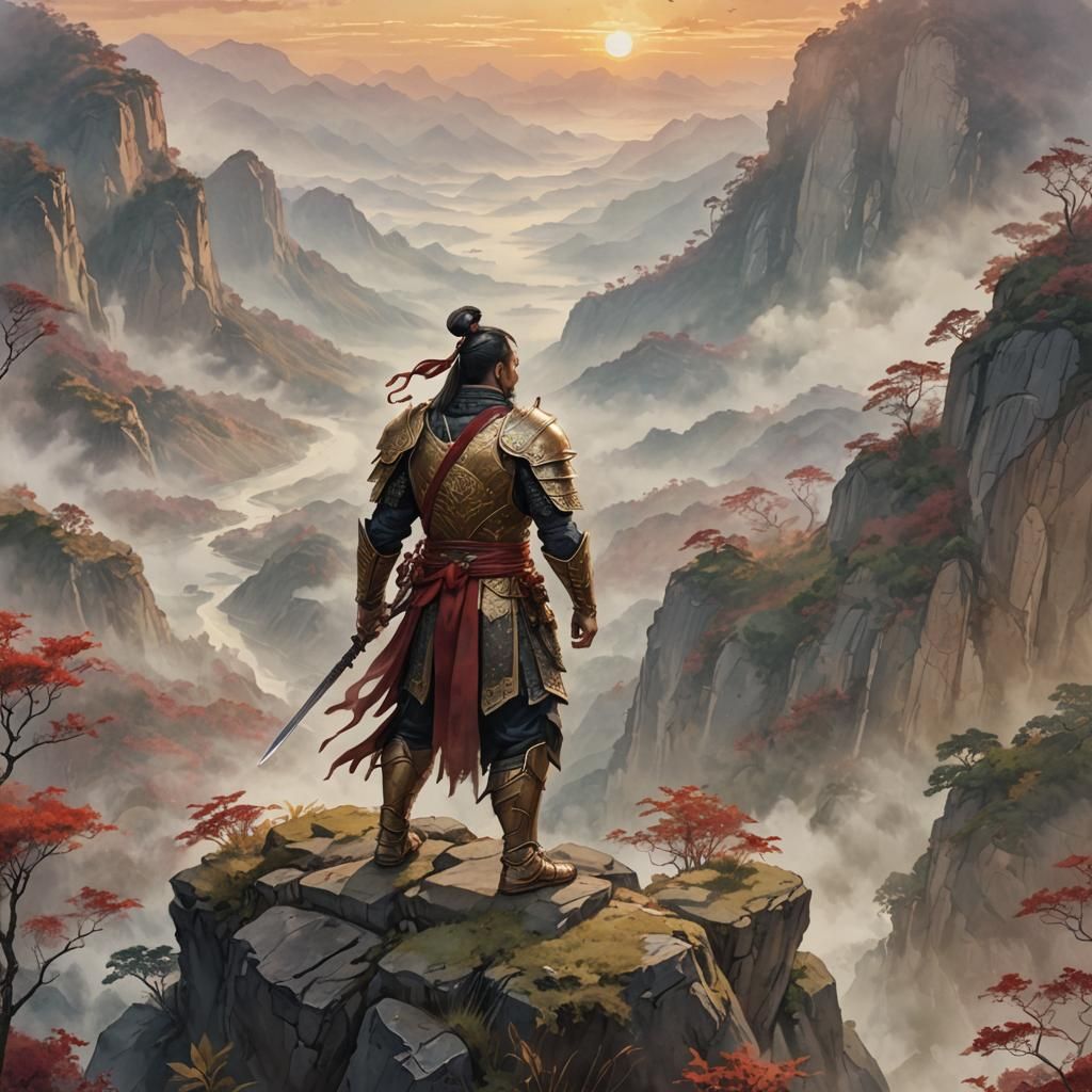 Asian Warlord Overlooking Misty Valley