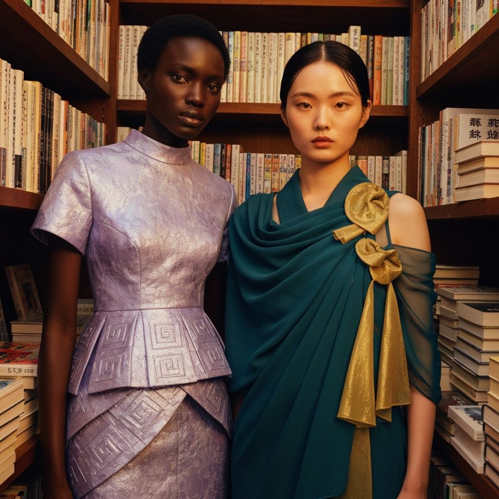 Elegant Women in Avant-Garde Gowns in Japanese Bookstore