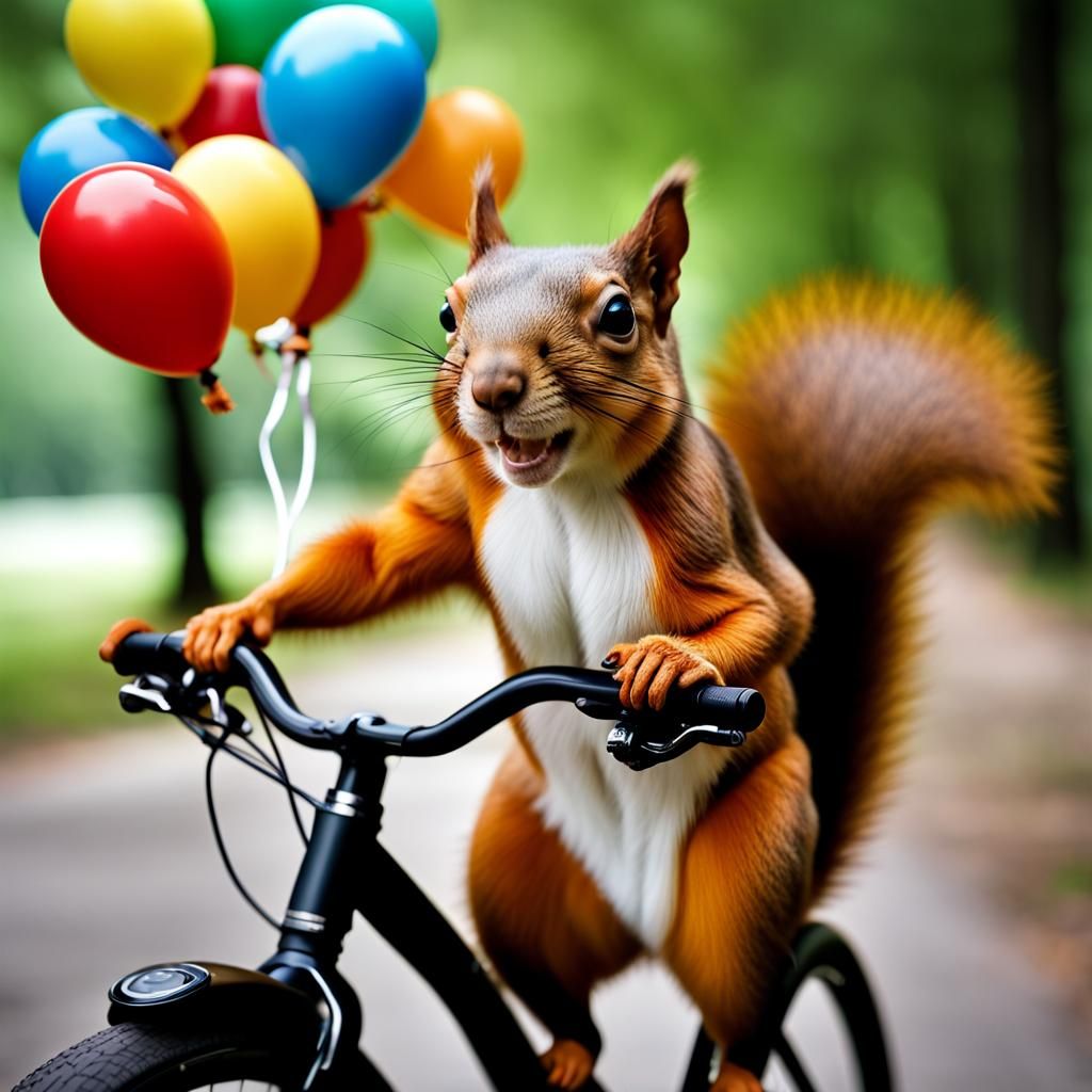 Smiling Squirrel Rides Bicycle in Forest: Portrait Photograp...