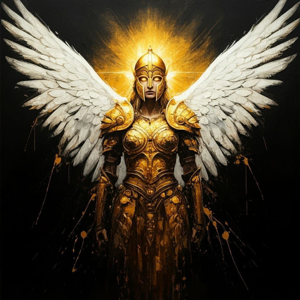 Valkyrie of War with Golden Armor in Impasto Style