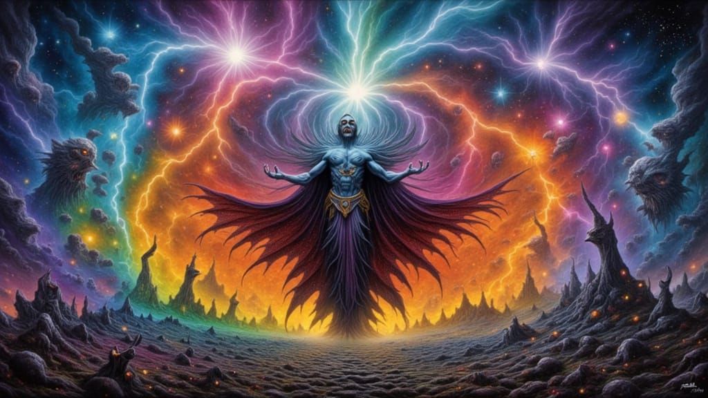 Surreal Rainbow Wizard Casting Spells in Dreamscape