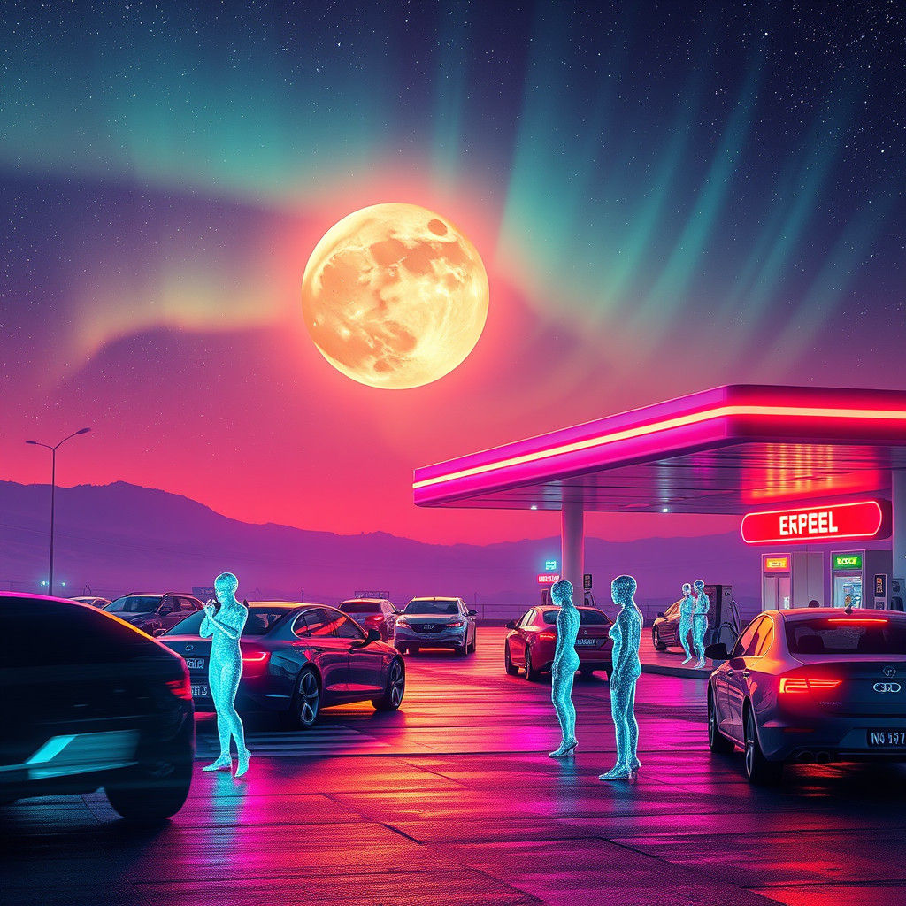 Alien Gas Station at Dusk in Fantasy Style